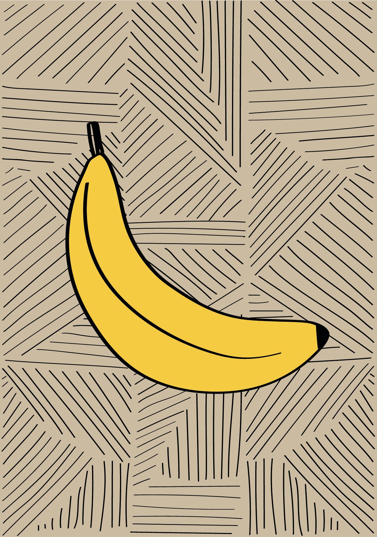 Greeting card with a drawing of a yellow banana on a light brown background with black lines on it and features tags such as banana, fruit, drawing, and food.