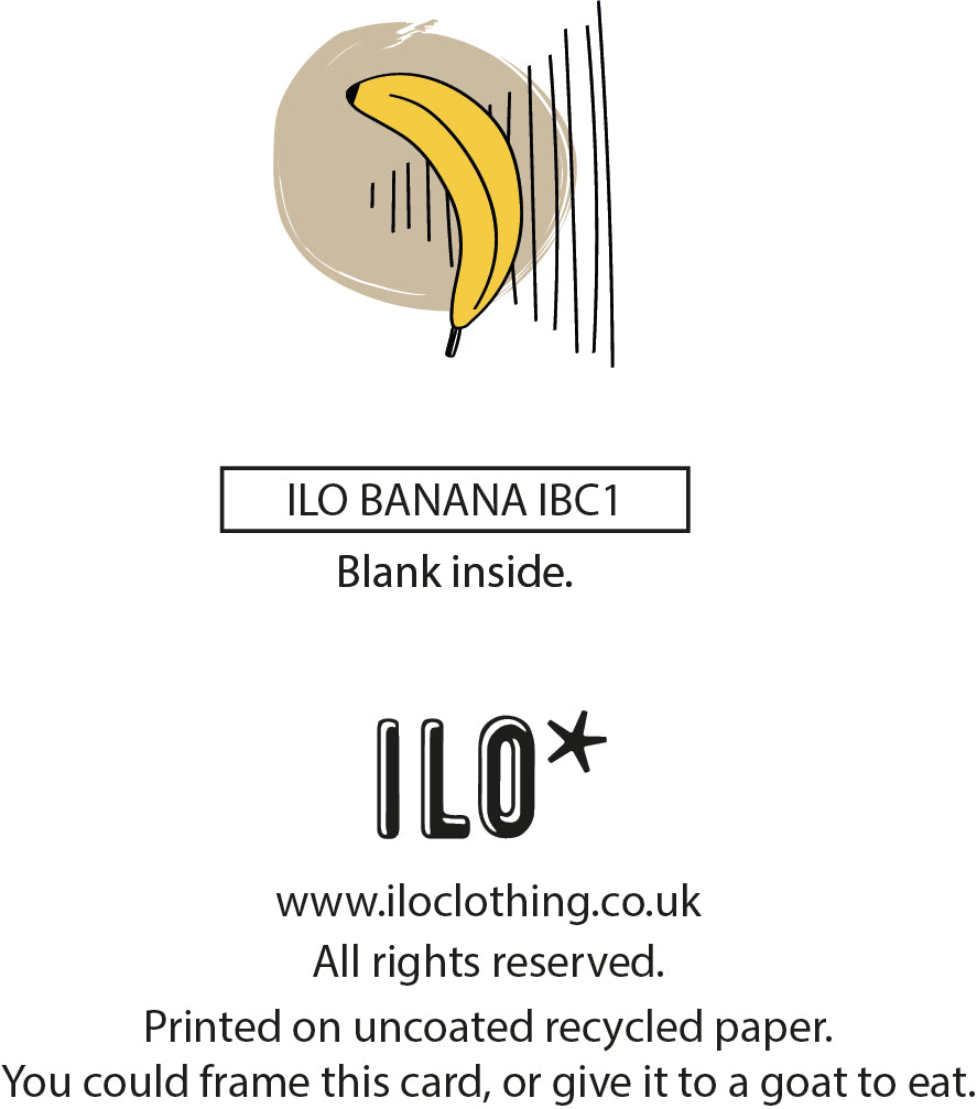 The back of a greeting card with text "ILO BANANA IBC1" and other details like website, copyright information, and a quirky suggestion. The card is printed on uncoated recycled paper. Tags include text, fruit, font, and banana.