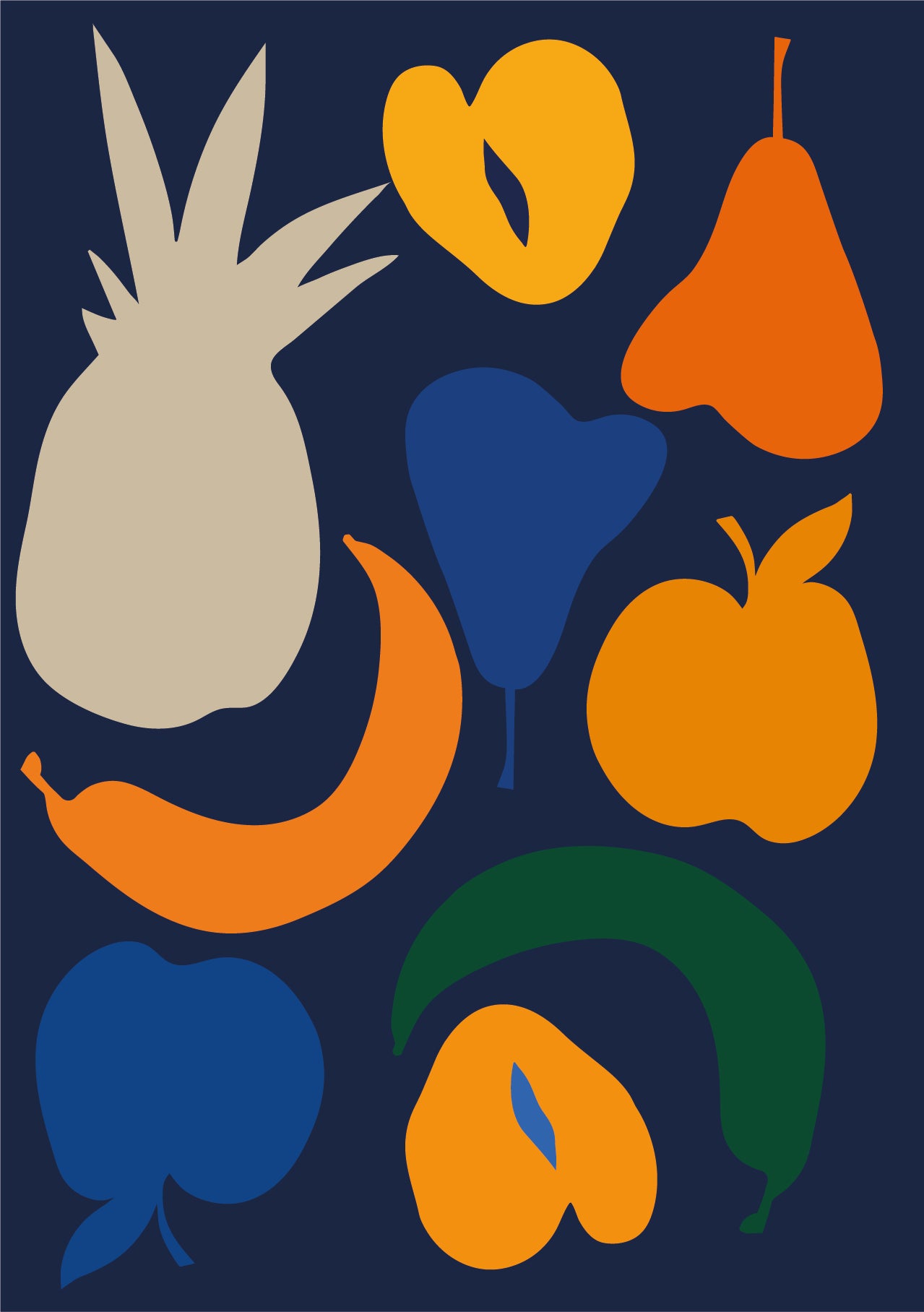 Clipart style cartoon illustration design greeting card with pineapples, apples, bananas, and pears on it on top of a dark blue background. Possible tags for this image could include greeting card, celebration, festive, fruit, and occasion.