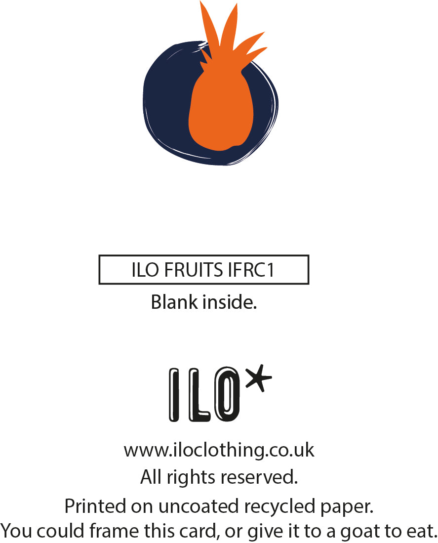 The back of a greeting card with text "ILO FRUITS IFRC1" and other details like website, copyright information, and a quirky suggestion. The card is printed on uncoated recycled paper. Tags include text, celebration, festive, fruit, and occasion.