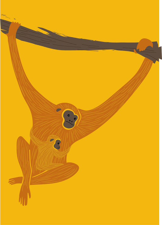 Greeting card with a cartoon-style illustration featuring a baby gibbon hanging on to its parent, while its parent hangs on to a tree branch all on top of a mustard yellow background. Tags for this image could include child art, painting, drawing, illustration, cartoon, gibbons, yellow and art.