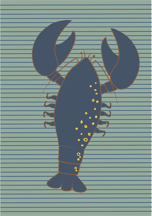 Greeting card with a cartoon-style illustration featuring a blue lobster on a light green background with blue stripes on it. Common tags for this image could include drawing, painting, art, illustration, cartoon, blue, lobster, and design.