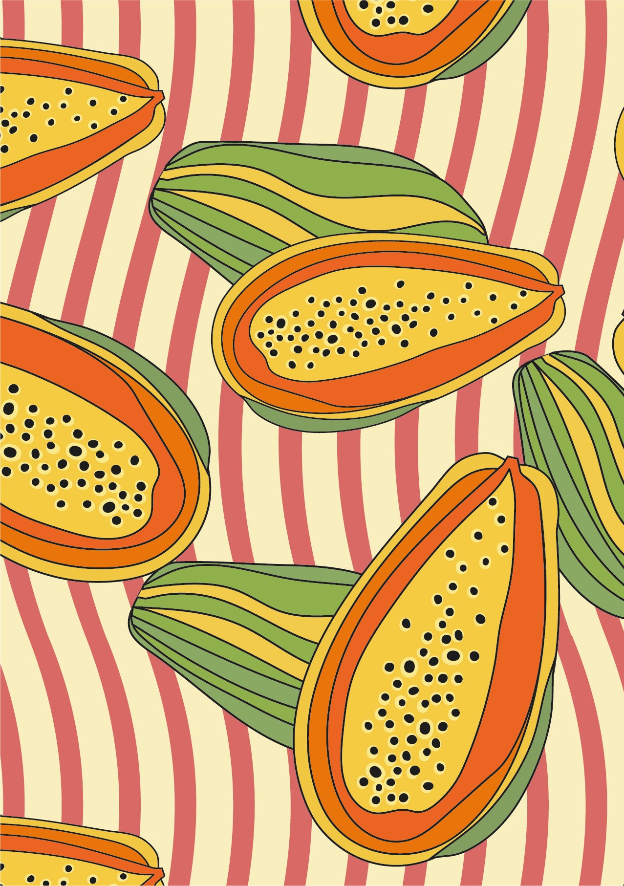 Greeting card with a cartoon-style illustration featuring lots of papayas on a dark pink and beige stripy background. Some possible tags for the greeting card could be greeting card, celebration, occasion, whimsical, papayas, and colourful.