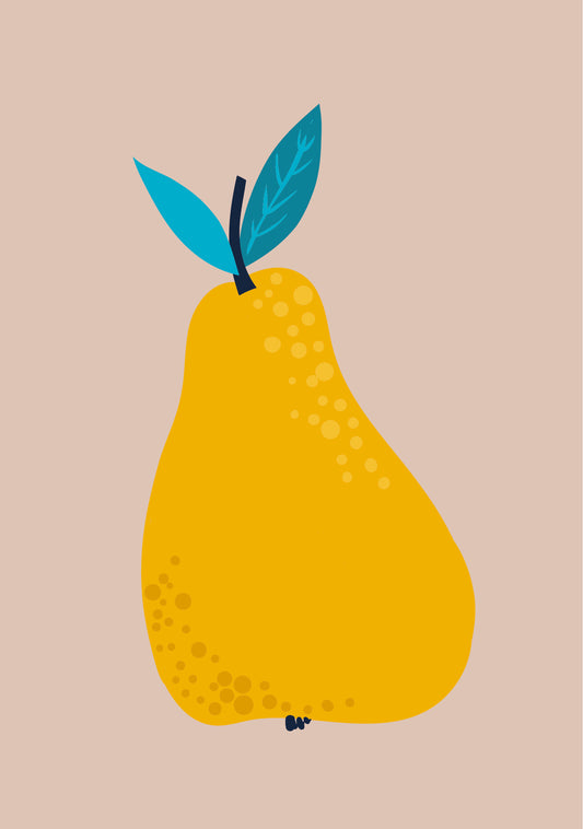 Greeting card with a drawing of a yellow pear on a light brown background and features tags such as pear, fruit, drawing, illustration, and food.