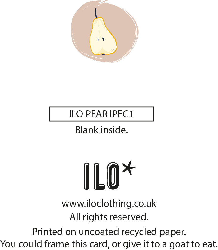 The back of a greeting card with text "ILO PEAR IPEC1" and other details like website, copyright information, and a quirky suggestion. The card is printed on uncoated recycled paper. Tags include text, pear, fruit, drawing, illustration, and food.
