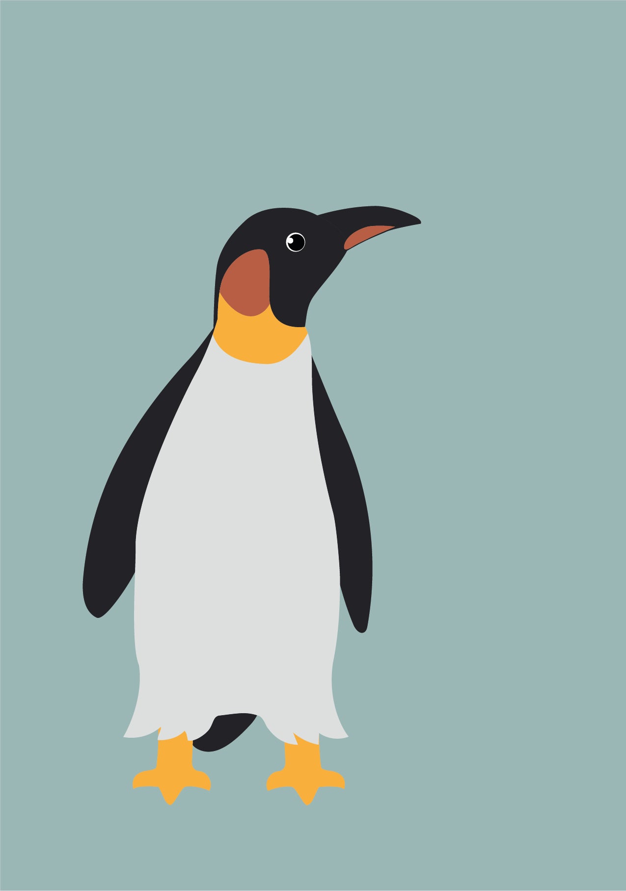 Greeting card with a drawing of a penguin on a light blue-green background and features tags such as penguin, animal, drawing, illustration and cute. 