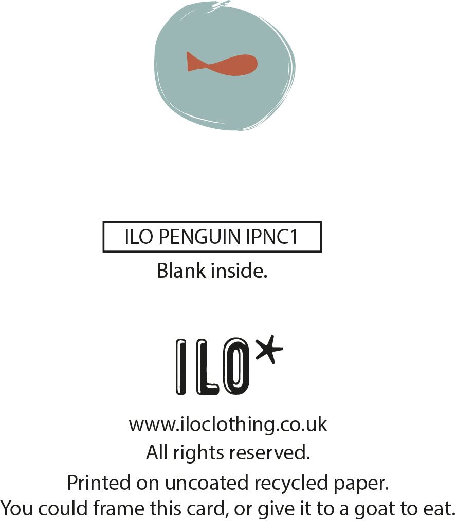 The back of a greeting card with text "ILO PENGUIN IPNC1" and other details like website, copyright information, and a quirky suggestion. The card is printed on uncoated recycled paper. Tags include text, penguin, animal, drawing, illustration and cute.