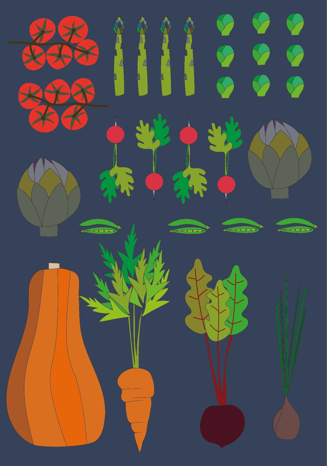Clipart style cartoon illustration design greeting card with tomatoes, asparagus, peas, radishes, beans, carrots, beetroots, onions on top of a dark blue background. Possible tags for this image could include greeting card, celebration, festive, vegetables, cartoon, and occasion.