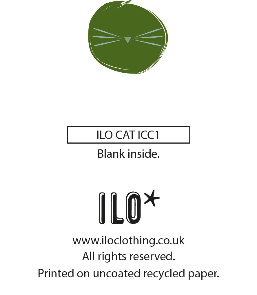 The back of a greeting card with text "ILO CAT ICC1" and other details like website, copyright information, and a quirky suggestion. The card is printed on uncoated recycled paper. Tags include text, cat, here for you, illustration, and plant.