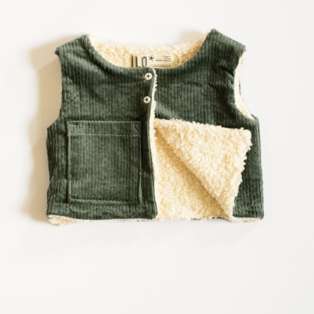 green organic cotton corduroy gilet waistcoat lined with organic cotton plush with one pocket