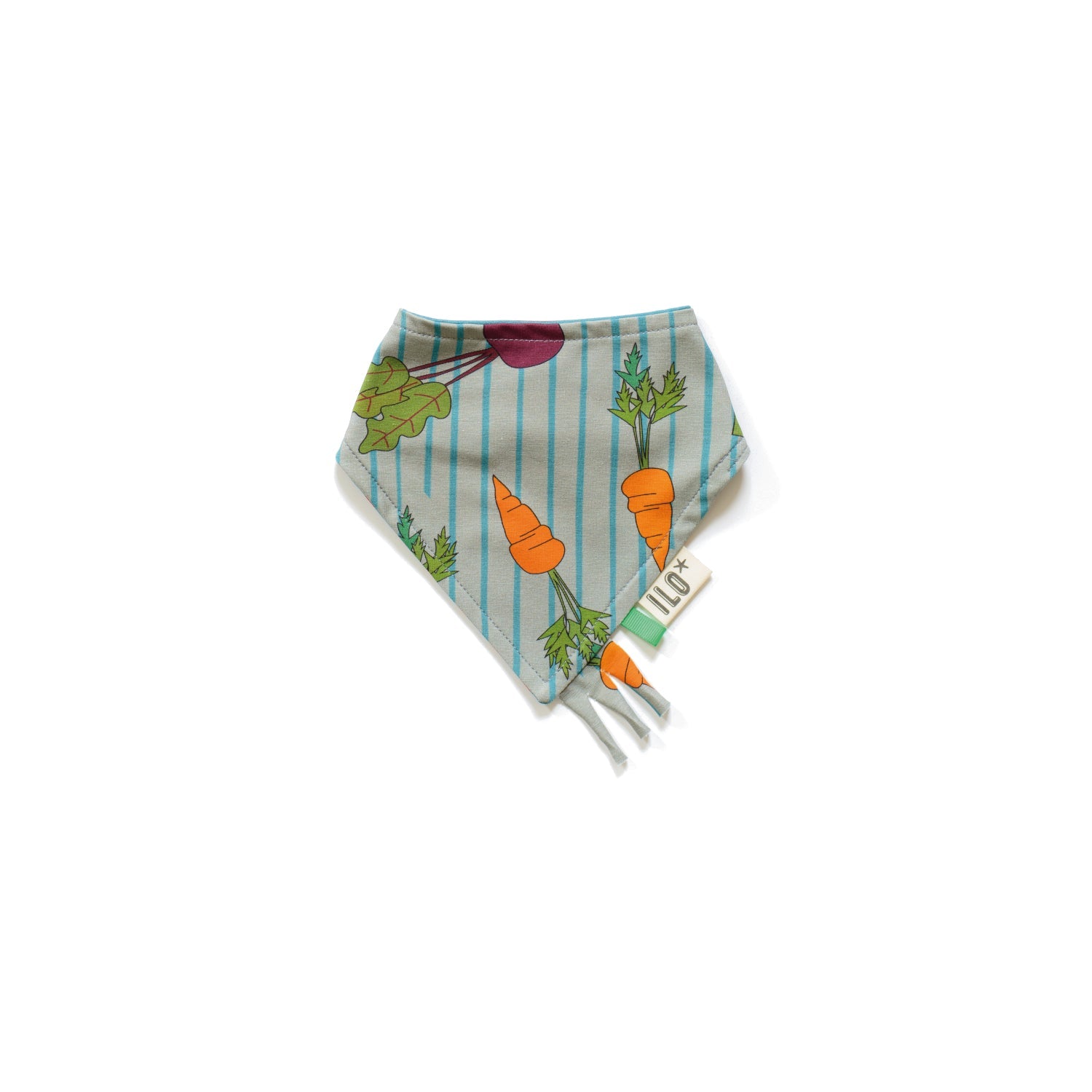 ILO's popular reversible, bandana, taggy bib with sensory frills in our new and exclusive Eat your Veg print.