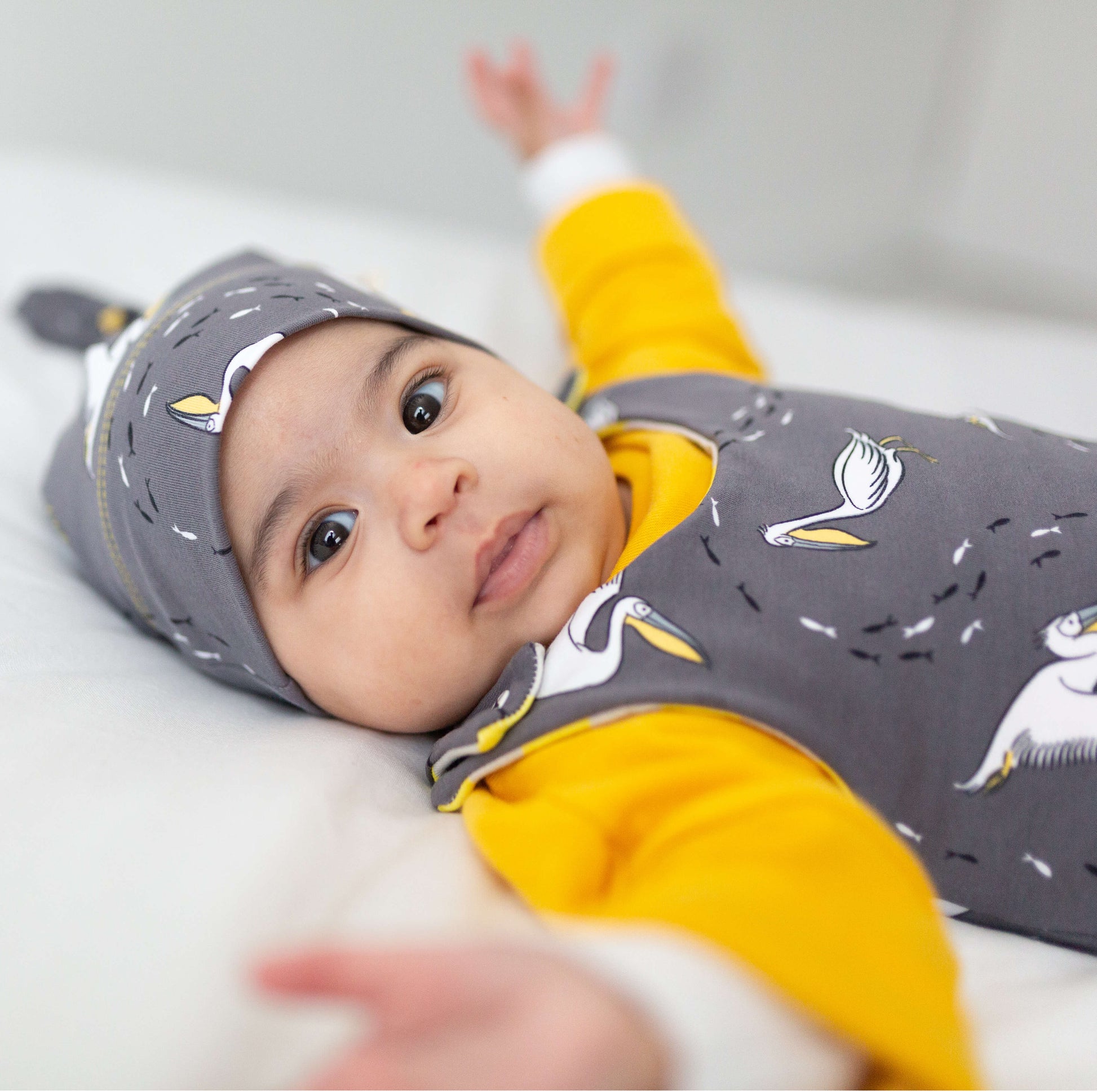 Child wearing Pelicans on grey organic romper with yellow contrasting cuffs, little black and white fishes swim all through it.